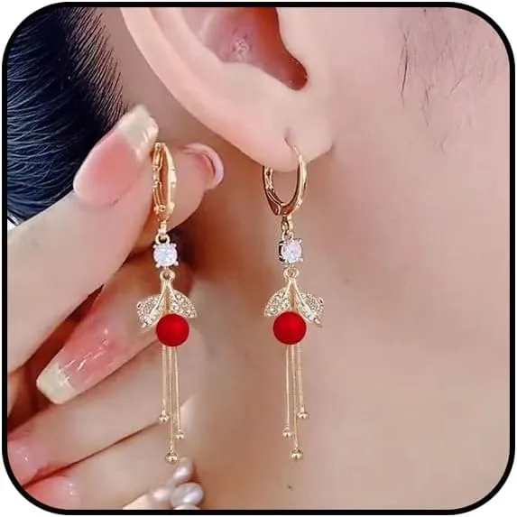 Tassel Earrings For Women,Pearl Drop Earrings Dangly Leaf Earring Rhinestone Hypoallergenic Lightweight Earrings Cubic Zirconia Dangle Red White Earrings Jewelry Gifts For Women