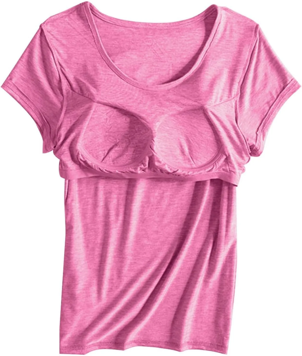 Tshirt with Built in Bra for Women Short Sleeve Plus Size Modal Soft Summer Top Workout Athletic Shirt for Layering