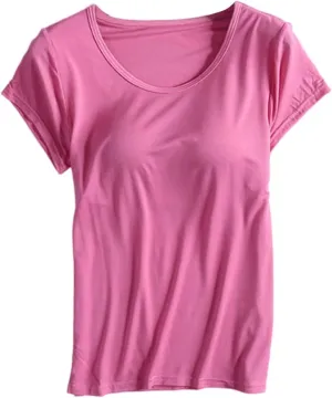Tshirt with Built in Bra for Women Short Sleeve Plus Size Modal Soft Summer Top Workout Athletic Shirt for Layering