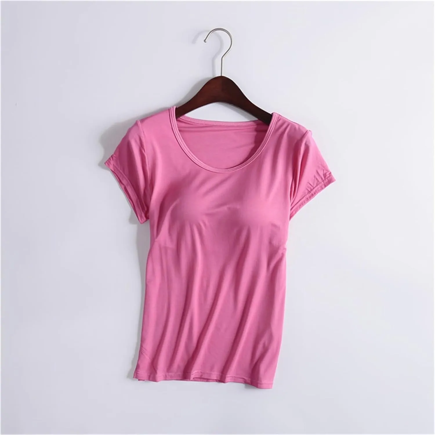 Tshirt with Built in Bra for Women Short Sleeve Plus Size Modal Soft Summer Top Workout Athletic Shirt for Layering