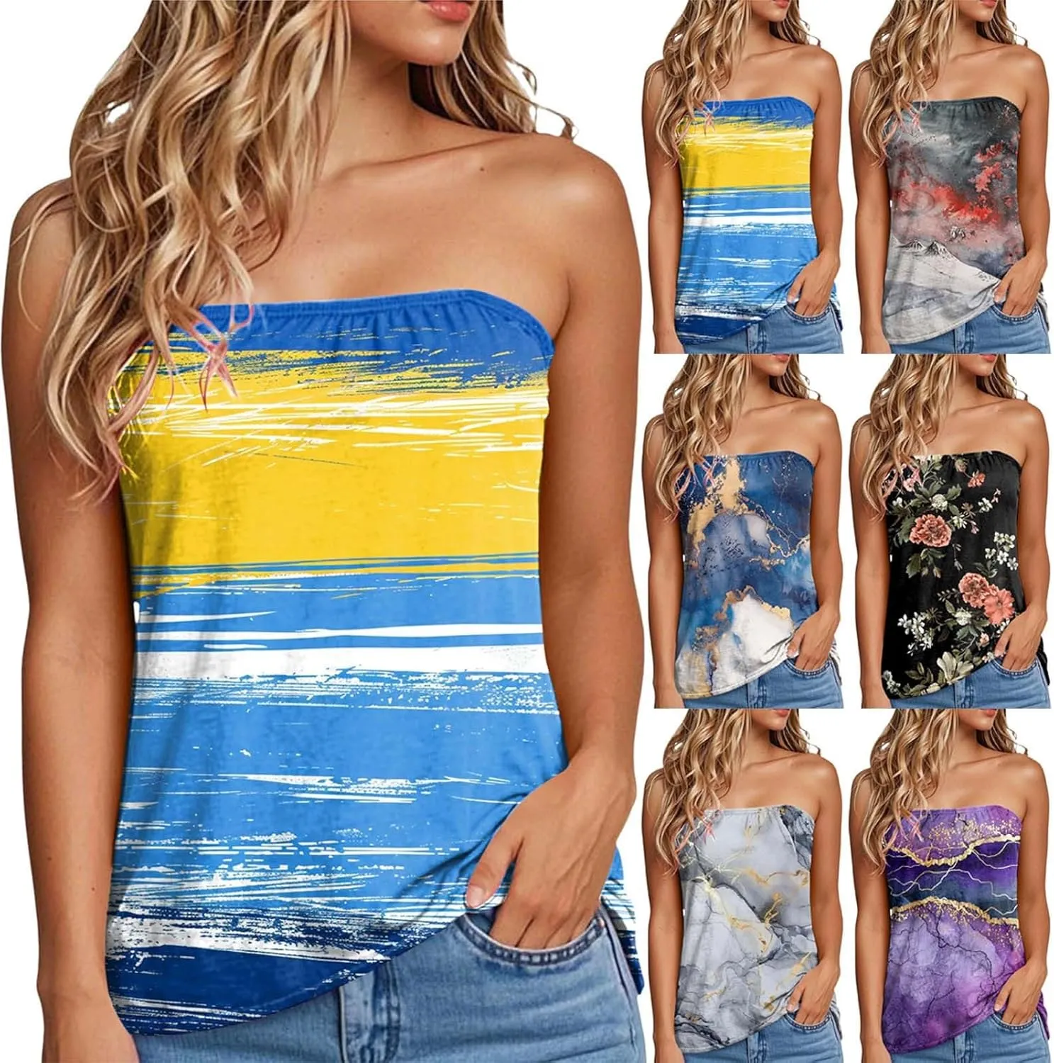 Tube Tops for Women Summer Strapless Bandeau Tank Casual Loose Tunic Sleeveless Shirts Off The Shoulder Flowy Blouses