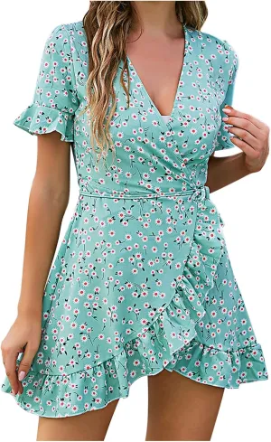 tuduoms Summer Womens Ditsy Floral Wrap Dress V Neck Short Sleeve Ruffle Flowy Mini Dress Petite Elegant Cottagecore Dresses