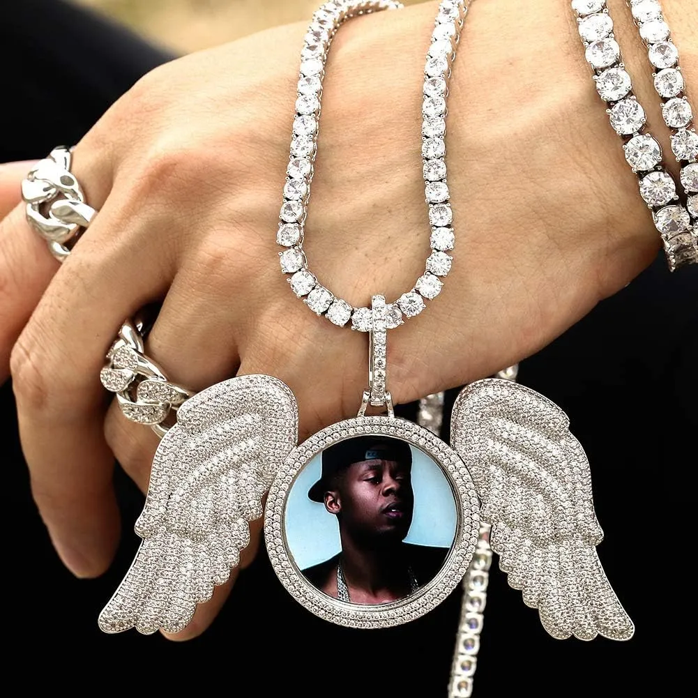 TUHE Personalized Big Angle Wings Custom Picture Necklace Iced Out Customized Text Engraved Photo Pendant Necklace for Men Women Rip Chain Necklace- Birthday Gifts