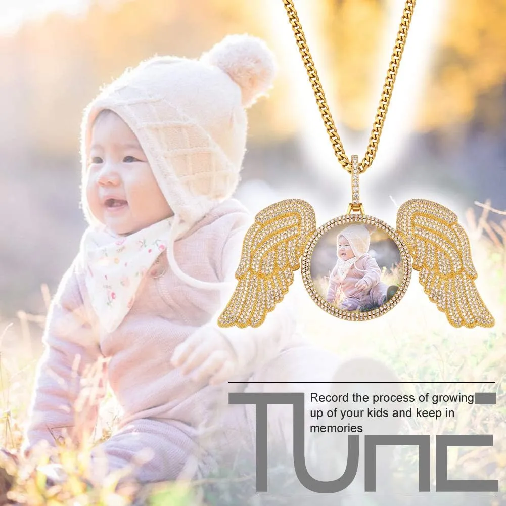 TUHE Personalized Big Angle Wings Custom Picture Necklace Iced Out Customized Text Engraved Photo Pendant Necklace for Men Women Rip Chain Necklace- Birthday Gifts