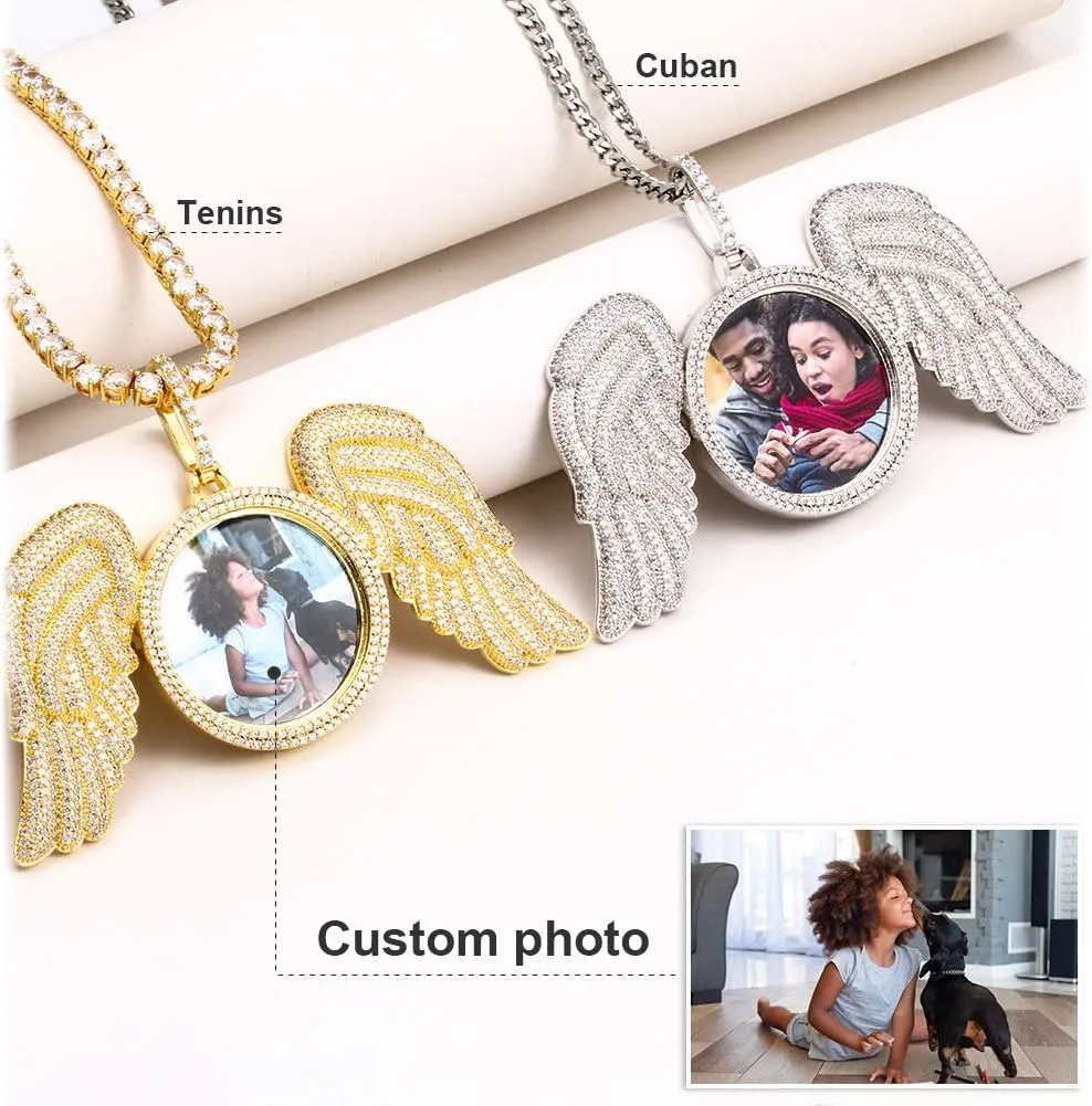TUHE Personalized Big Angle Wings Custom Picture Necklace Iced Out Customized Text Engraved Photo Pendant Necklace for Men Women Rip Chain Necklace- Birthday Gifts