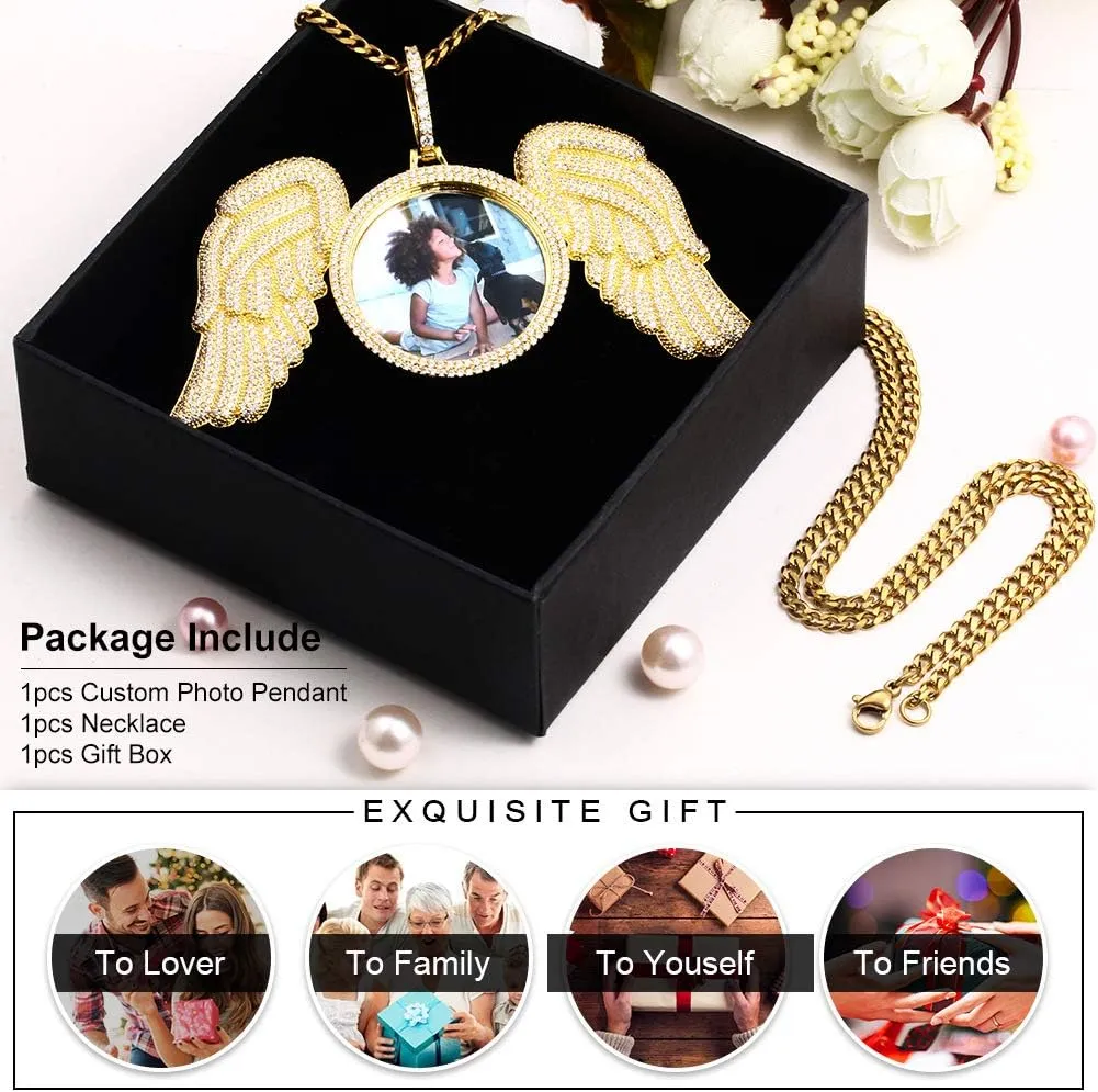 TUHE Personalized Big Angle Wings Custom Picture Necklace Iced Out Customized Text Engraved Photo Pendant Necklace for Men Women Rip Chain Necklace- Birthday Gifts