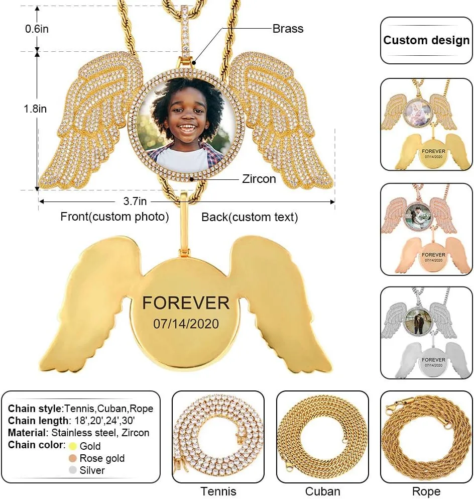 TUHE Personalized Big Angle Wings Custom Picture Necklace Iced Out Customized Text Engraved Photo Pendant Necklace for Men Women Rip Chain Necklace- Birthday Gifts