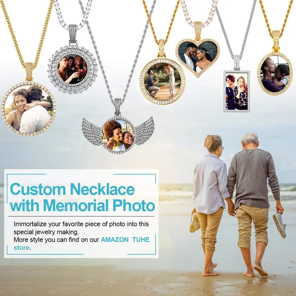 TUHE Personalized Big Angle Wings Custom Picture Necklace Iced Out Customized Text Engraved Photo Pendant Necklace for Men Women Rip Chain Necklace- Birthday Gifts
