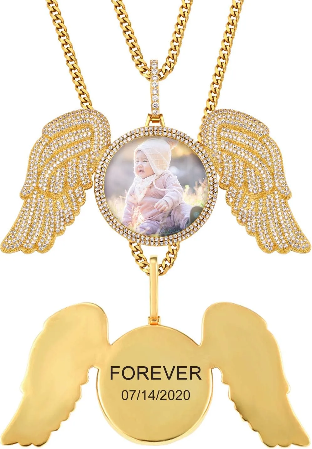 TUHE Personalized Big Angle Wings Custom Picture Necklace Iced Out Customized Text Engraved Photo Pendant Necklace for Men Women Rip Chain Necklace- Birthday Gifts