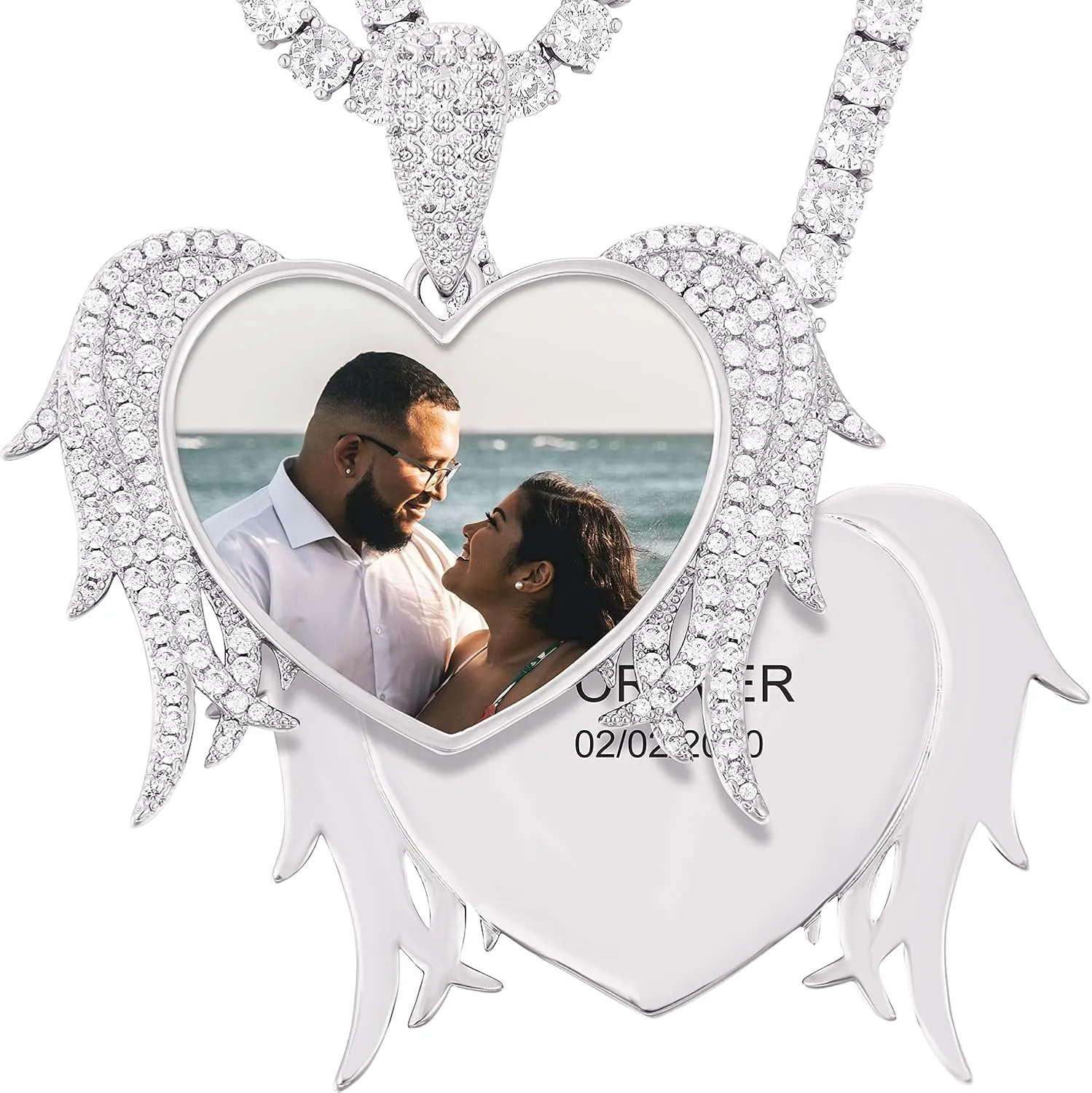 TUHE Personalized Heart Photo Necklace Customized Photo Engraved Pendant Iced Out Memory Necklace With Picture Hip Hop Custom Pendant With Wings For Men Picture Chain Come With Gift Box