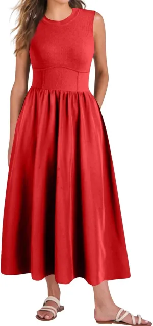 TWGONE Women's Summer Dresses 2025 Casual Sleeveless Patchwork Knit Sundresses Long Flowy Beach Dress with Pockets