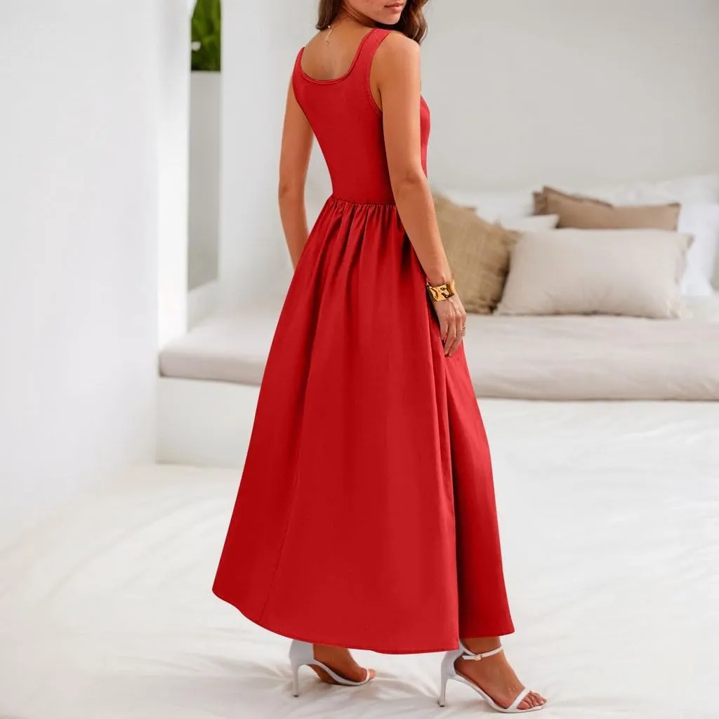 TWGONE Women's Summer Dresses 2025 Casual Sleeveless Patchwork Knit Sundresses Long Flowy Beach Dress with Pockets