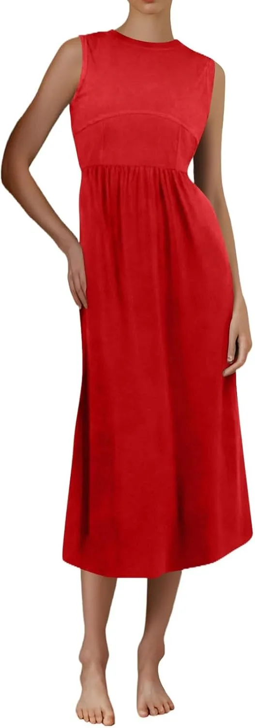 TWGONE Women's Summer Dresses 2025 Casual Sleeveless Patchwork Knit Sundresses Long Flowy Beach Dress with Pockets