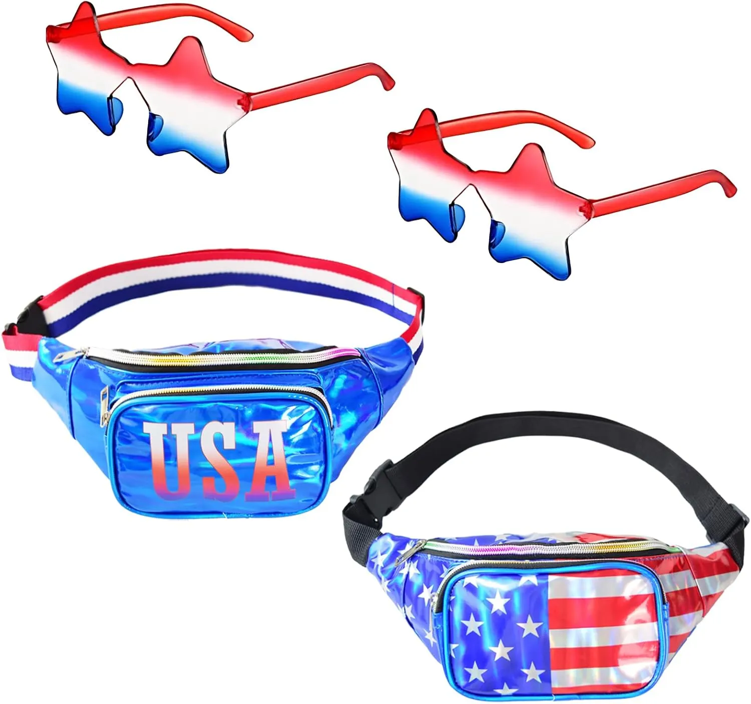 USA Flag Holographic Fanny Packs, 4th of July Patriotic Belt Bag Waist Bag & Star Sunglasses, American Independence Day Accessories Men Women