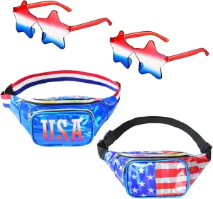USA Flag Holographic Fanny Packs, 4th of July Patriotic Belt Bag Waist Bag & Star Sunglasses, American Independence Day Accessories Men Women