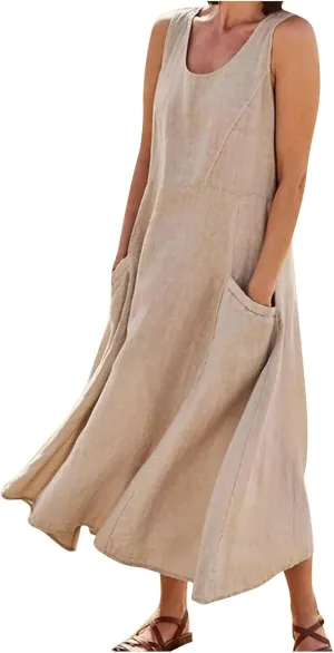 Vacation Dresses for Women 2025 Beach Summer Sleeveless Linen Maxi Dress Boho Flowy Plus Size Sun Dresses with Pocket
