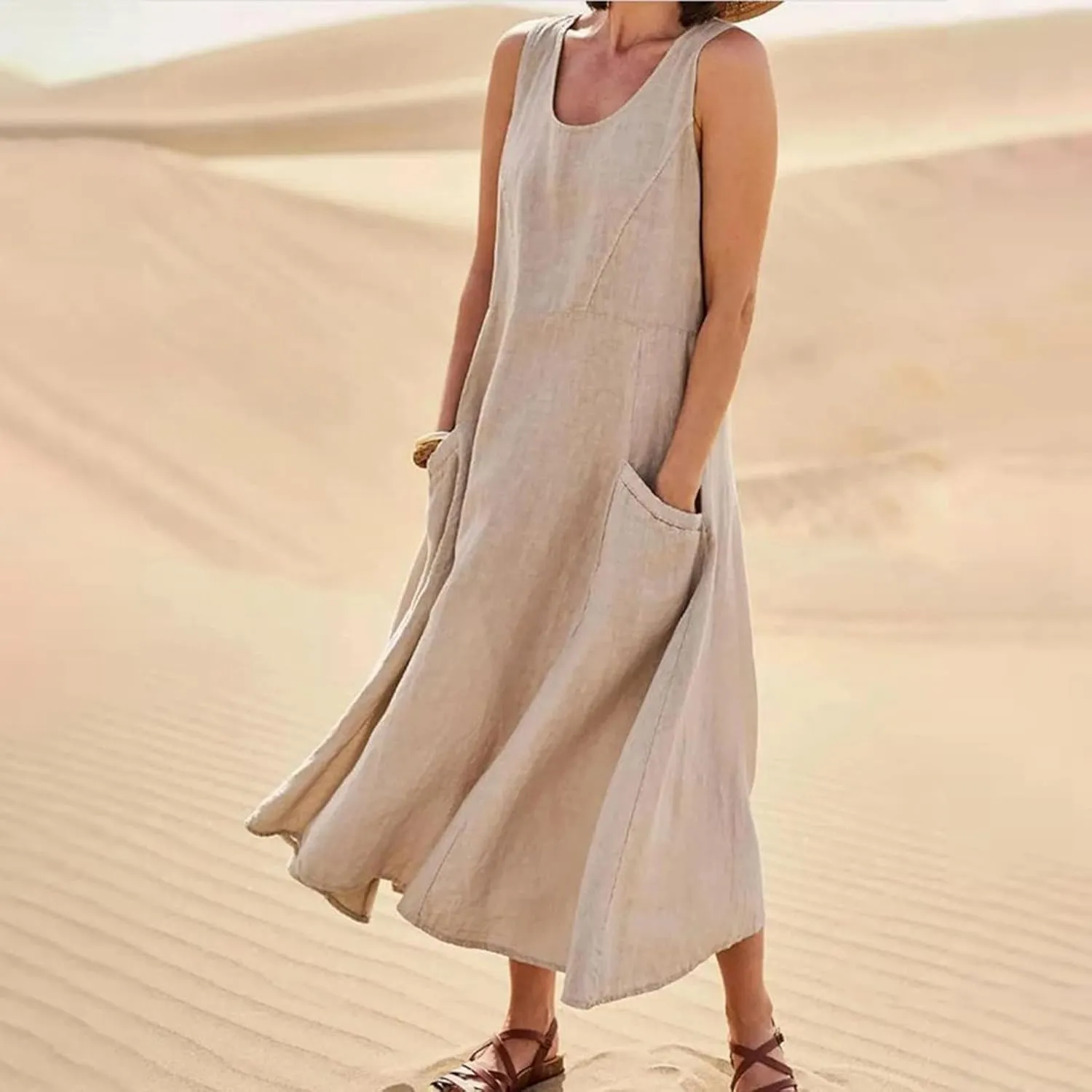 Vacation Dresses for Women 2025 Beach Summer Sleeveless Linen Maxi Dress Boho Flowy Plus Size Sun Dresses with Pocket