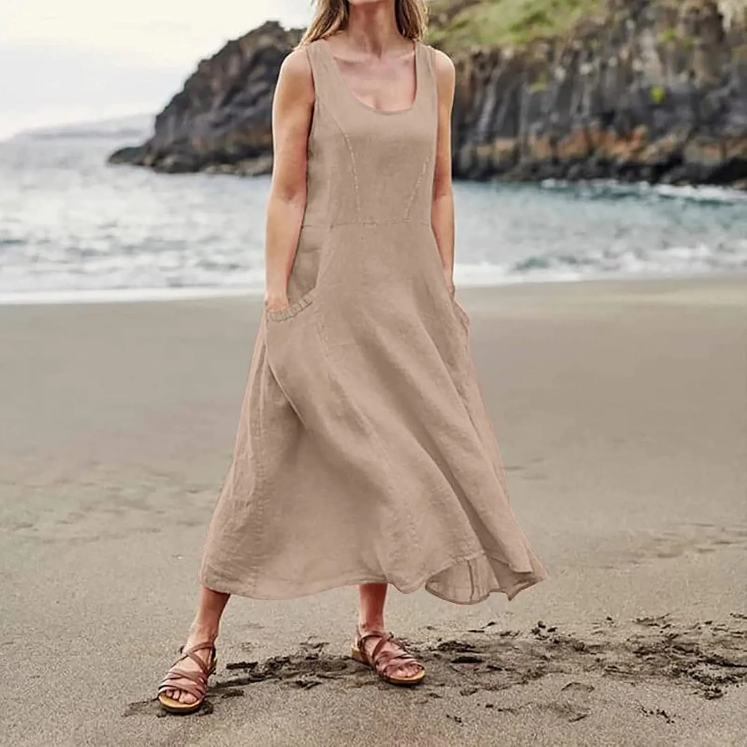 Vacation Dresses for Women 2025 Beach Summer Sleeveless Linen Maxi Dress Boho Flowy Plus Size Sun Dresses with Pocket