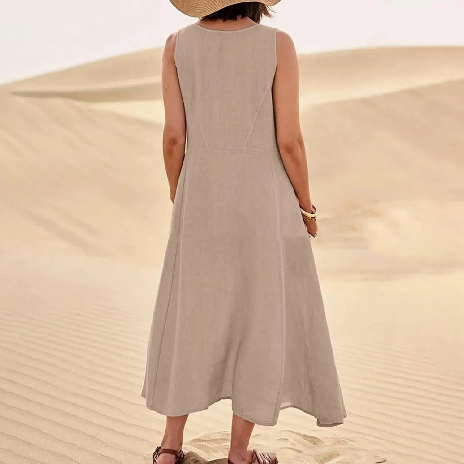 Vacation Dresses for Women 2025 Beach Summer Sleeveless Linen Maxi Dress Boho Flowy Plus Size Sun Dresses with Pocket