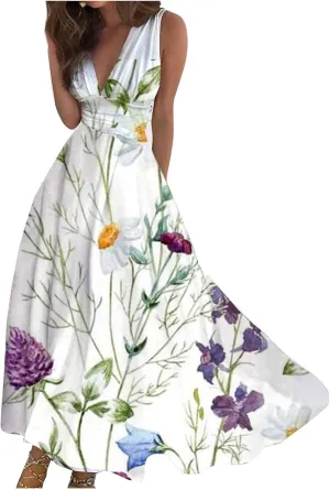 Vacation Dresses for Women Deep V Neck Floral Cute Long Dress Swing Casual Maxi Dresses Sleeveless Sexy Elegant Dress