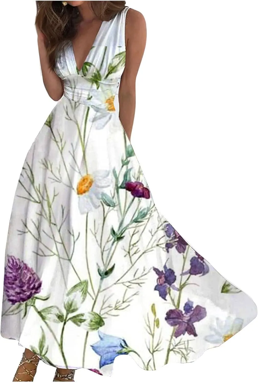 Vacation Dresses for Women Deep V Neck Floral Cute Long Dress Swing Casual Maxi Dresses Sleeveless Sexy Elegant Dress