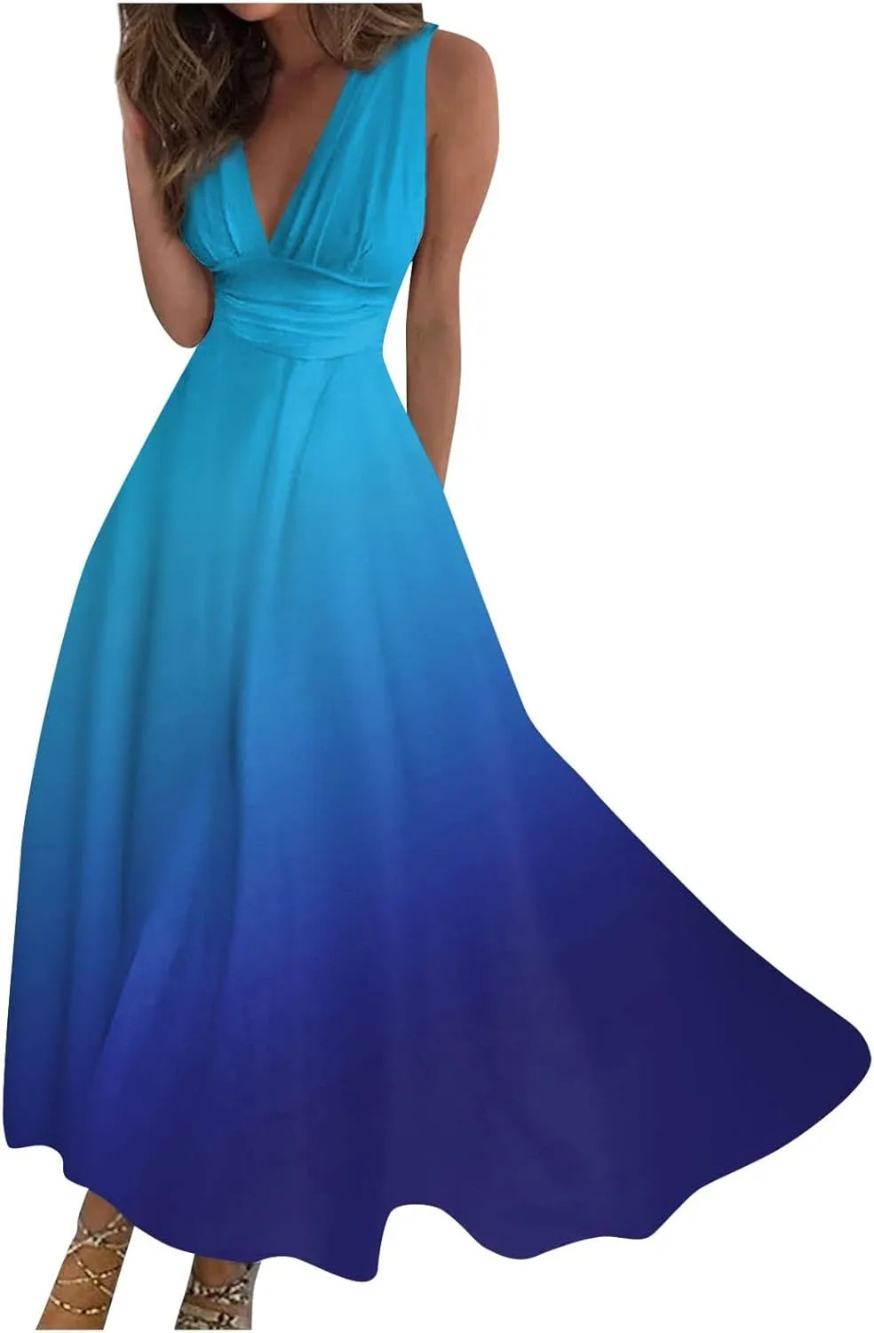 Vacation Dresses for Women, Summer Beach Plus Size V-Neck Sleeveless Fashion Dress Flowy Floral Printing Long Dresses