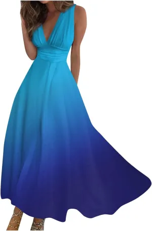 Vacation Dresses for Women, Summer Beach Plus Size V-Neck Sleeveless Fashion Dress Flowy Floral Printing Long Dresses