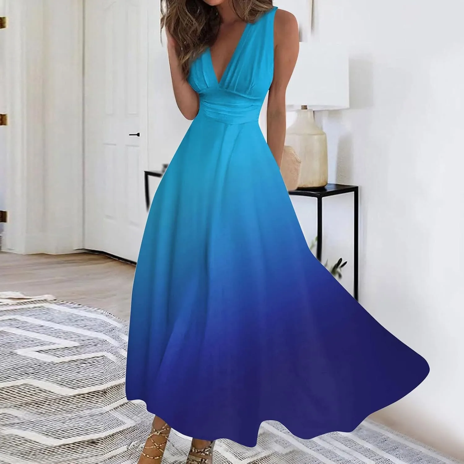 Vacation Dresses for Women, Summer Beach Plus Size V-Neck Sleeveless Fashion Dress Flowy Floral Printing Long Dresses