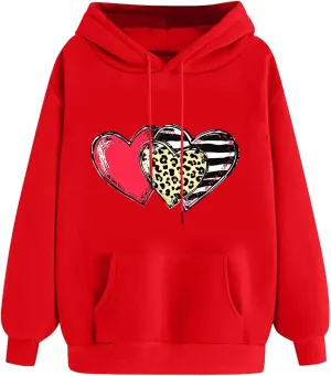 Valentines Day Hoodies for Women Love Heart Graphic Sweatshirt Drawstring Oversized Hoodie Cute Pullover with Pockets