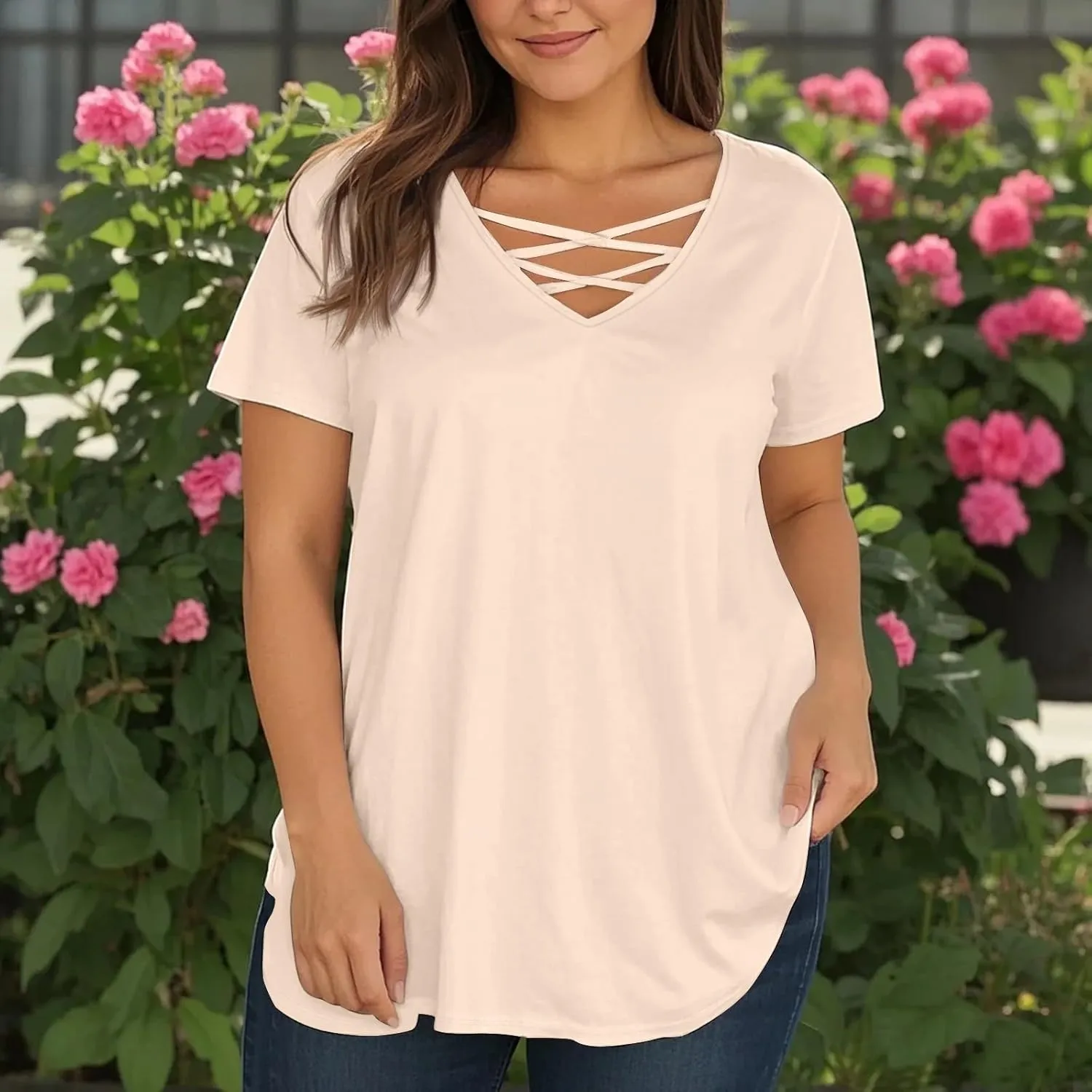 Vestidos De Verano para Mujer 2025 Casual Loose Elegant Short Sleeve V-Neck Solid Shirt Tops Outfits, L-4XL
