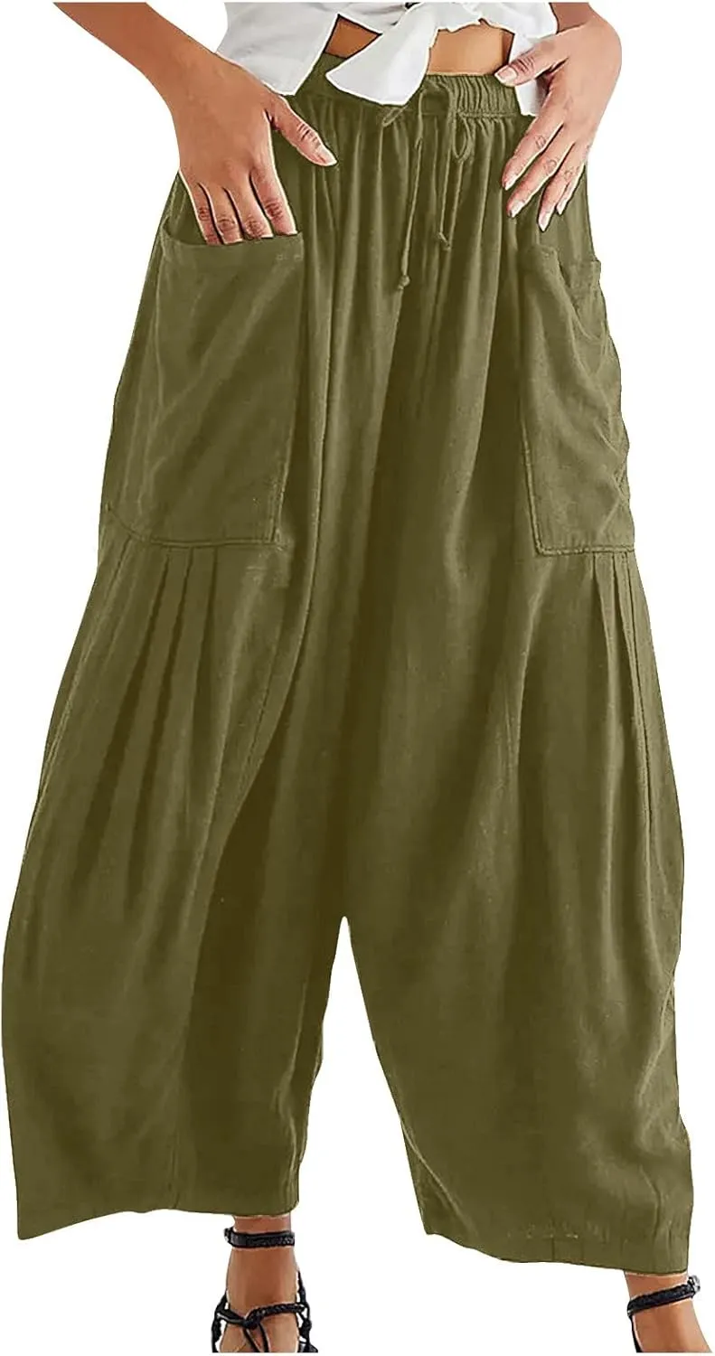 Vintage Harem Pants Women Wide Leg Linen Pants Summer Casual Baggy Lounge Pants Lightweight High Waist Capri Pants