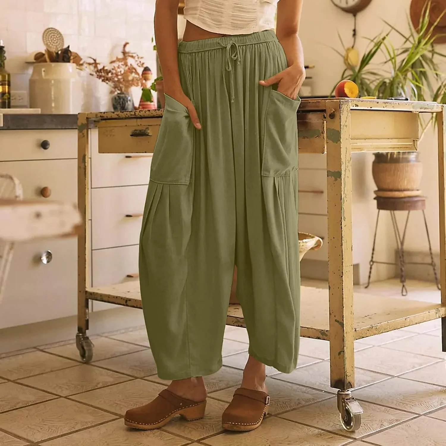 Vintage Harem Pants Women Wide Leg Linen Pants Summer Casual Baggy Lounge Pants Lightweight High Waist Capri Pants