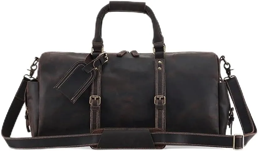 Vintage Leather Travel Duffel Men Large Capacity Overnight Weekend Shoulder Bags Handbags with Luggage