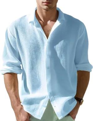 Waffle Knit Long Sleeve Button Down Shirt Men Summer Casual Beach Shirts Dressy Textured Wrinkle-Free Untucked Tops