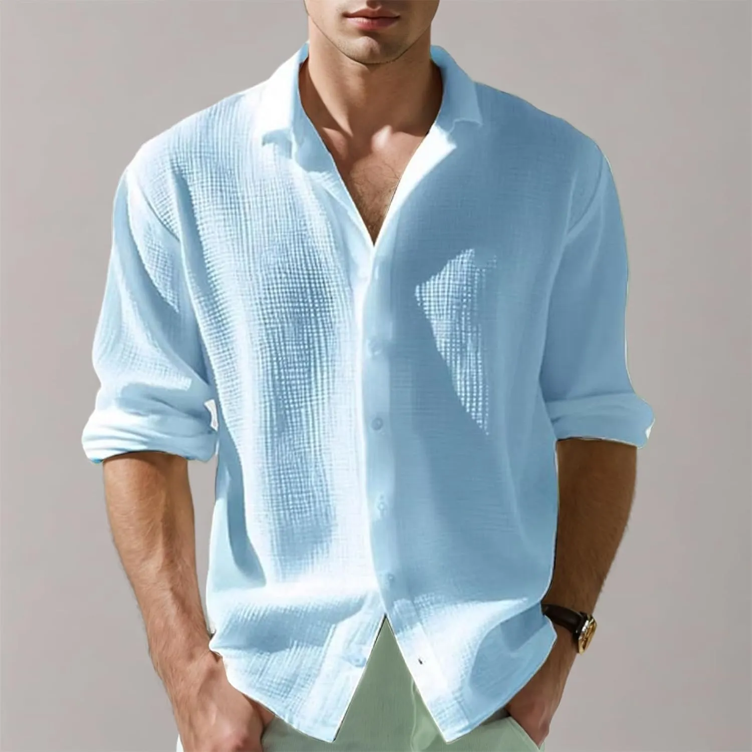Waffle Knit Long Sleeve Button Down Shirt Men Summer Casual Beach Shirts Dressy Textured Wrinkle-Free Untucked Tops