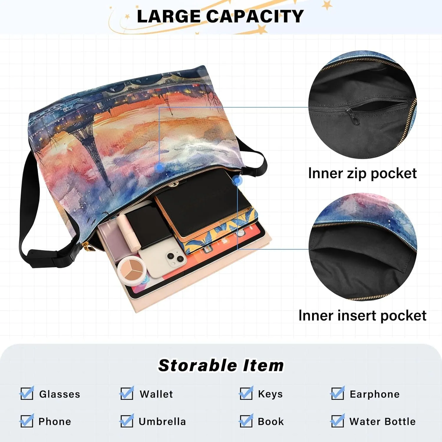 Watercolor Paris Lightweight Shoulder Hobo Bag, Leather Shoulder Bag, Hobo Shoulder Bags for Women