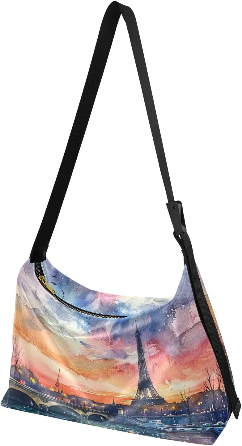 Watercolor Paris Lightweight Shoulder Hobo Bag, Leather Shoulder Bag, Hobo Shoulder Bags for Women