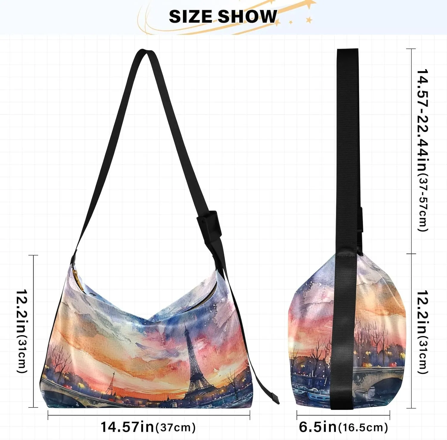 Watercolor Paris Lightweight Shoulder Hobo Bag, Leather Shoulder Bag, Hobo Shoulder Bags for Women