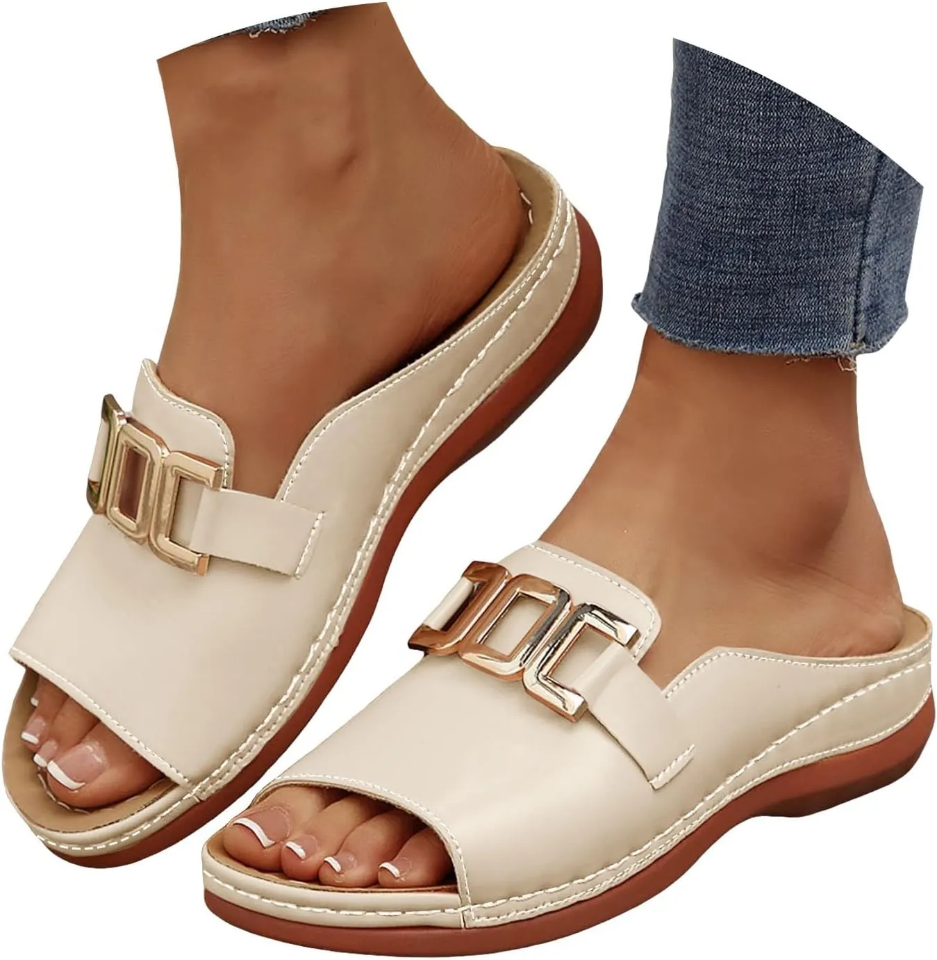 Wedge Sandals for Women Arch Support Slippers For Woman Metal Decoration Open Toe Wide Width Orthopedic Sandal