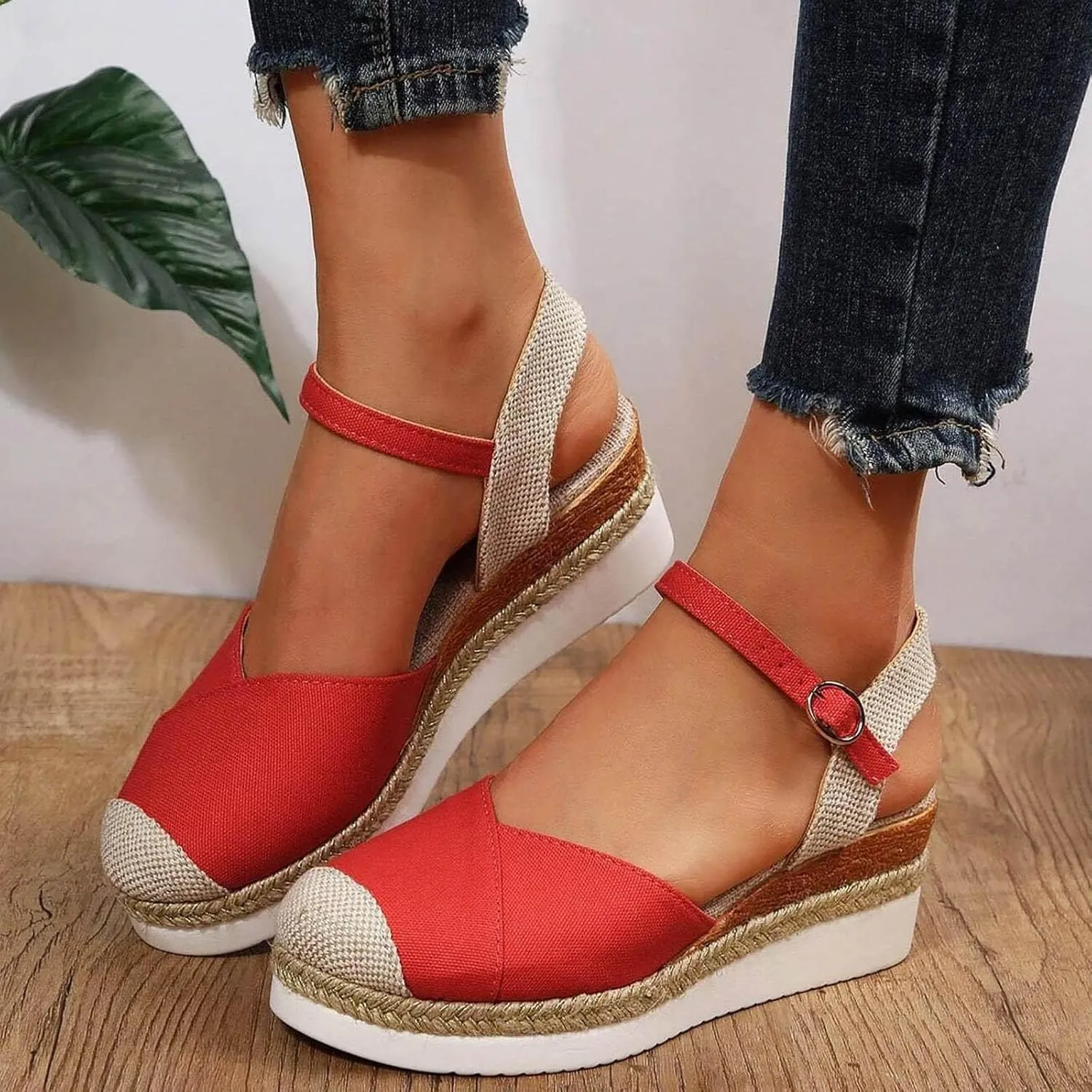Wedge Sandals for Women Open Toe Slip On Low Heel Platform Sandals Closed Toe Slingback Espadrilles Strappy Ankle Strap Metal Buckle Beach Shoes