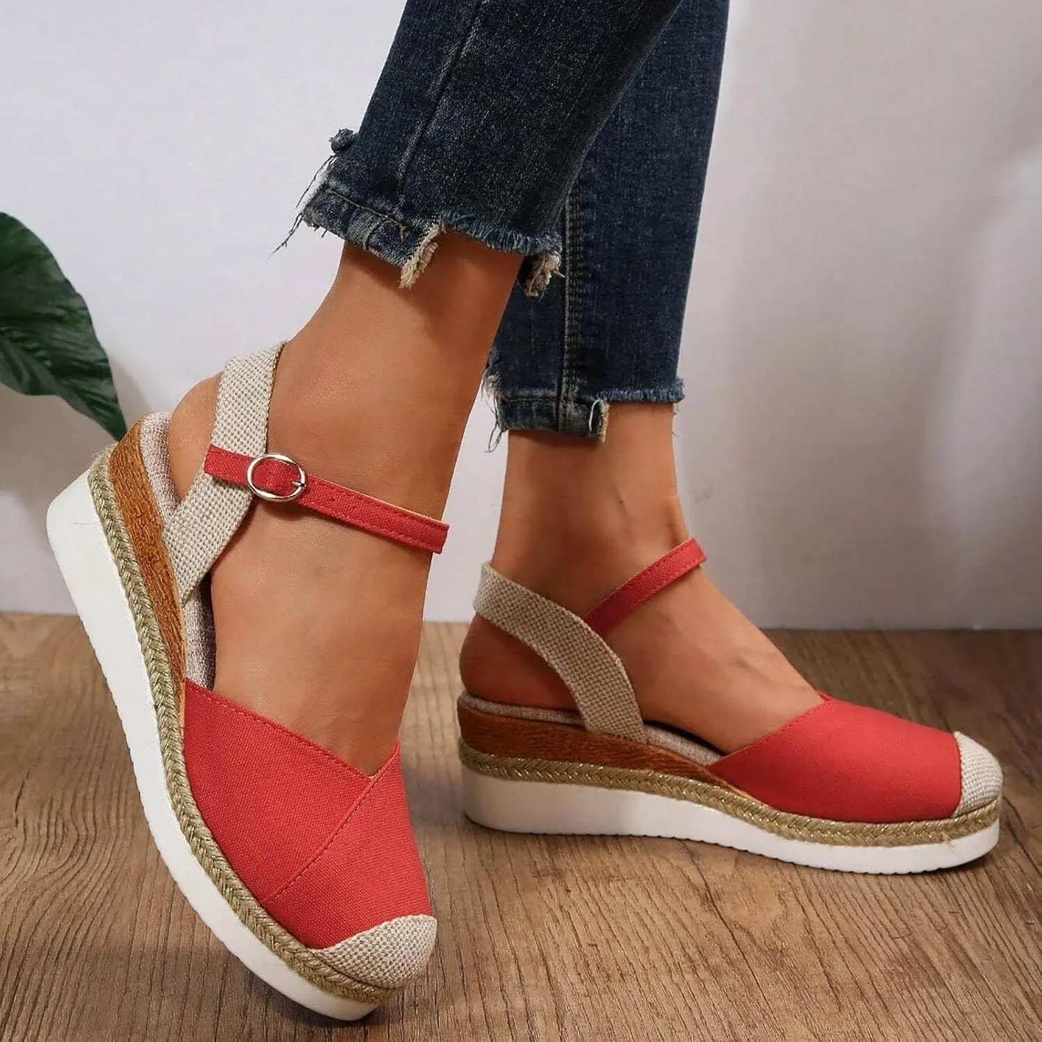 Wedge Sandals for Women Open Toe Slip On Low Heel Platform Sandals Closed Toe Slingback Espadrilles Strappy Ankle Strap Metal Buckle Beach Shoes