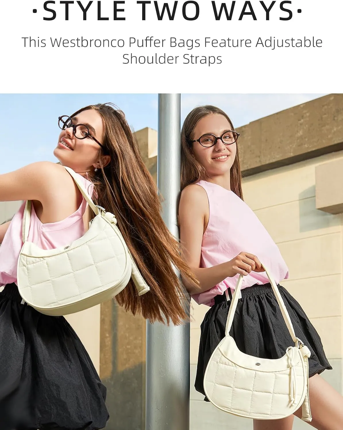 WESTBRONCO Puffer Crescent Shoulder Bags for Women Puffy Quilted Handbags, Nylon Shoulder Purse with Adjustable Strap