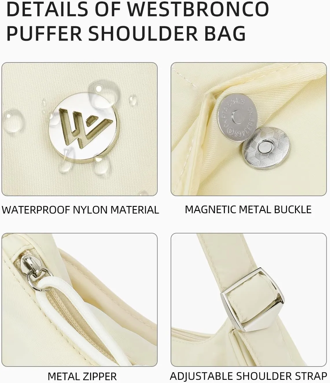 WESTBRONCO Puffer Crescent Shoulder Bags for Women Puffy Quilted Handbags, Nylon Shoulder Purse with Adjustable Strap