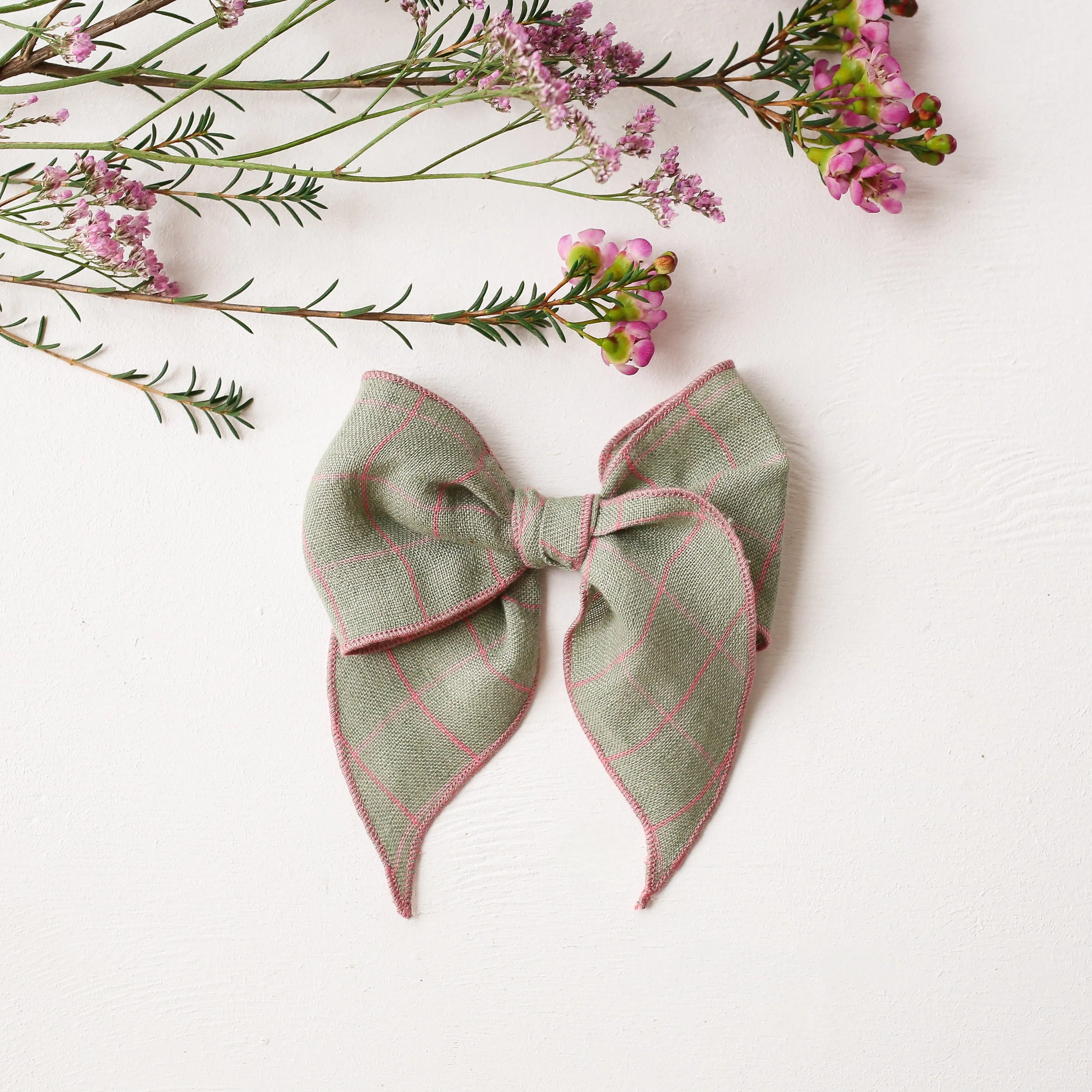 Whimsy Hair Bow in Mint & Pink Check Linen