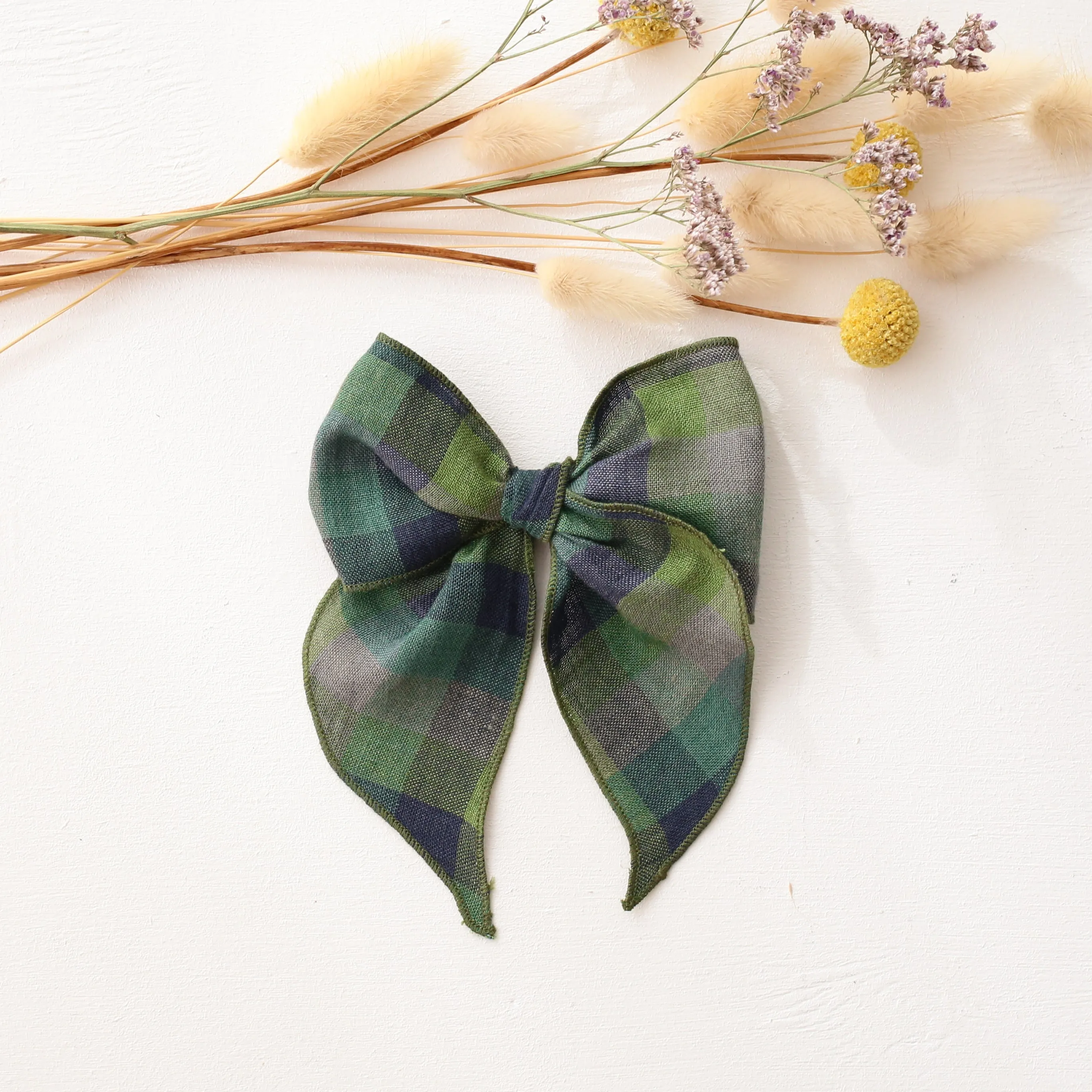 Whimsy Hair Bow in Moss Green Check Linen
