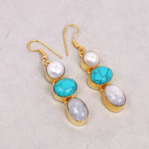 White Pearl and Turquoise Gemstone Gold Plated Dangle Earrings