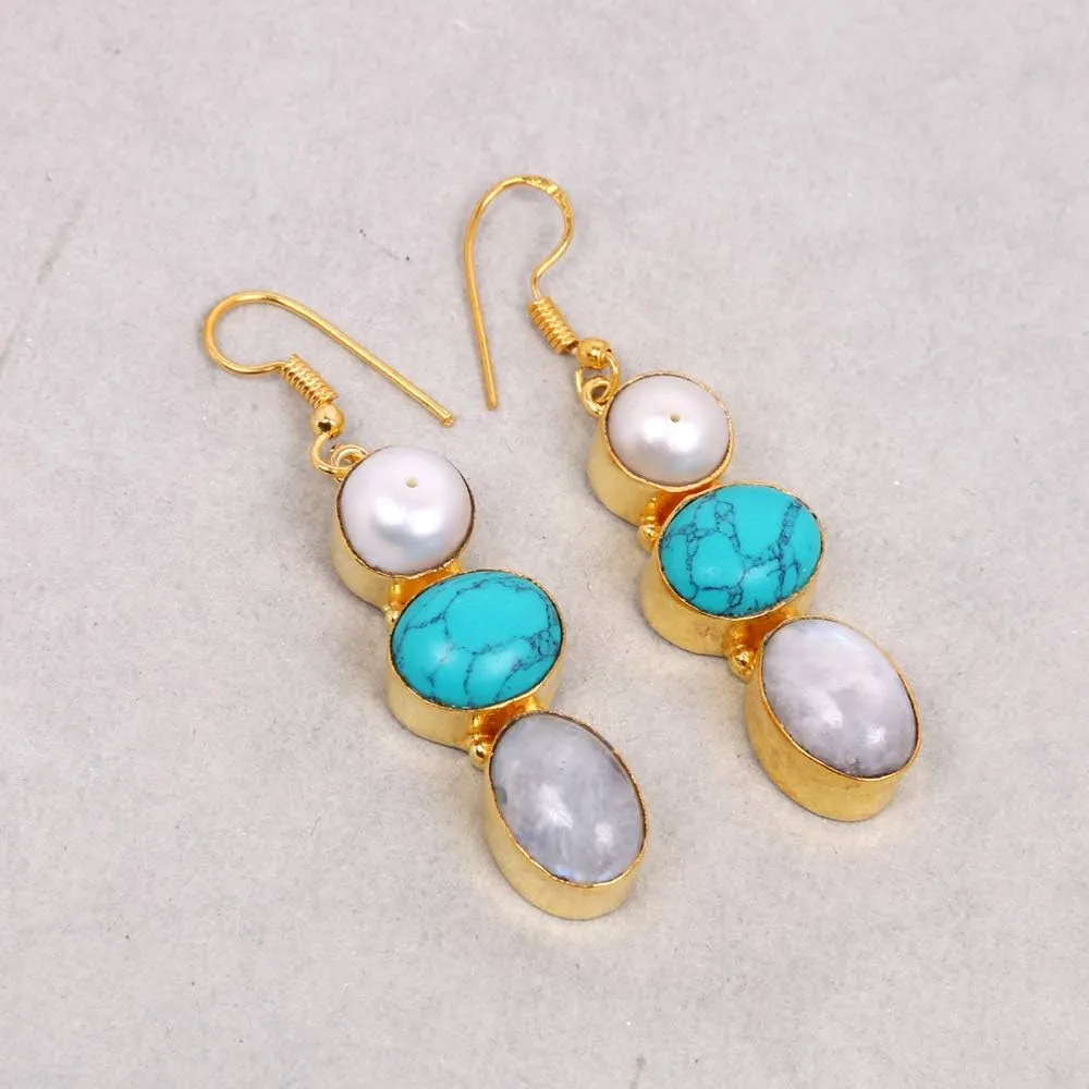 White Pearl and Turquoise Gemstone Gold Plated Dangle Earrings
