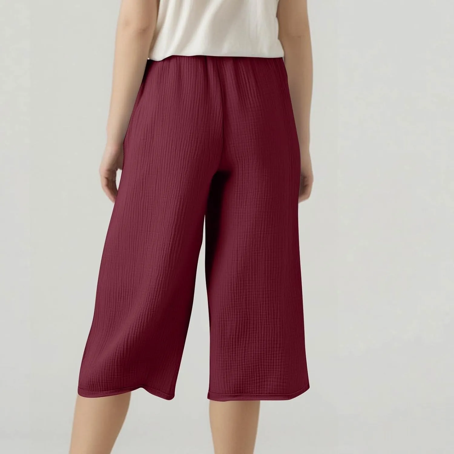 Wide Leg Cropped Pants Women Plus Size Linen Pants with Pockets Summer Lightweight Loose Fit Drawstring Cotton Capris