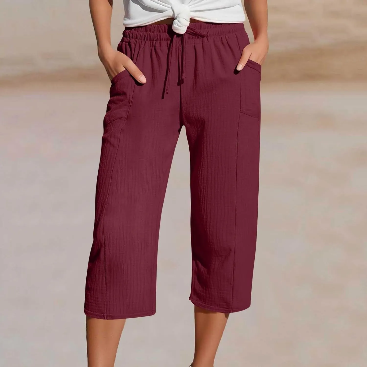 Wide Leg Cropped Pants Women Plus Size Linen Pants with Pockets Summer Lightweight Loose Fit Drawstring Cotton Capris