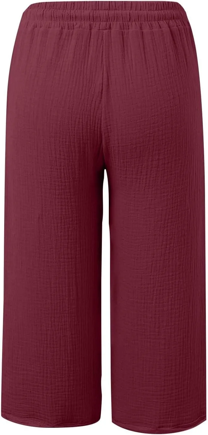 Wide Leg Cropped Pants Women Plus Size Linen Pants with Pockets Summer Lightweight Loose Fit Drawstring Cotton Capris